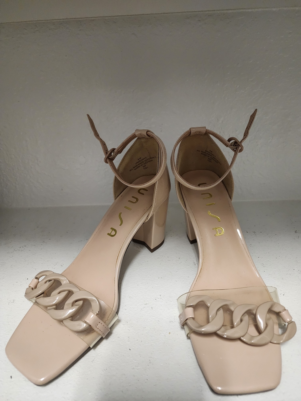 Unisa Beige Block Heel Sandals with Chain Strap